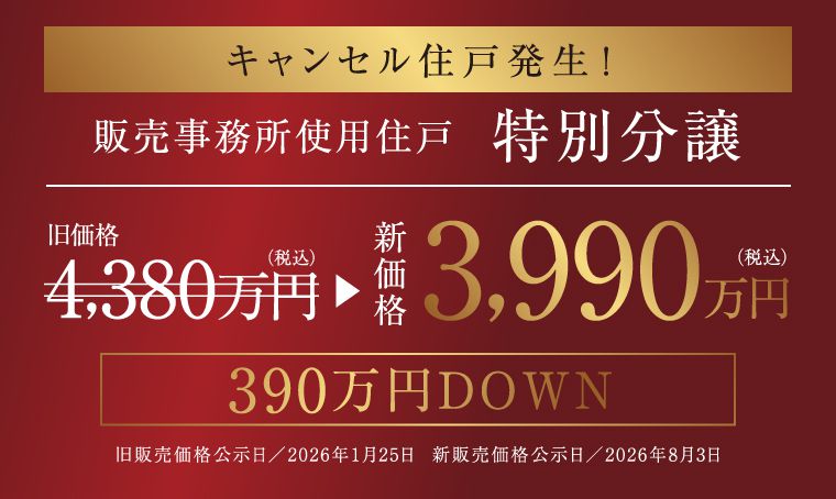 キャンセル住戸発生！販売事務所使用住戸特別分譲3990万円（税込）