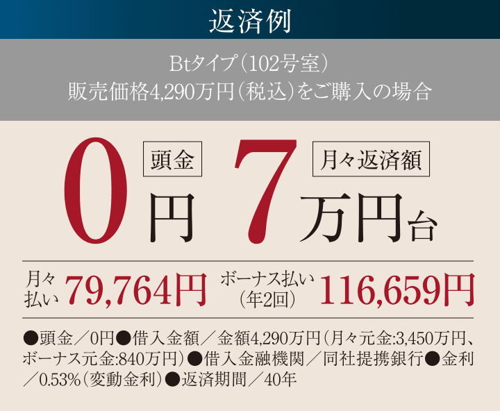 Btタイプ（102号室）販売価格4,290万円（税込）をご購入の場合返済例：頭金0円、月々返済額7万円台